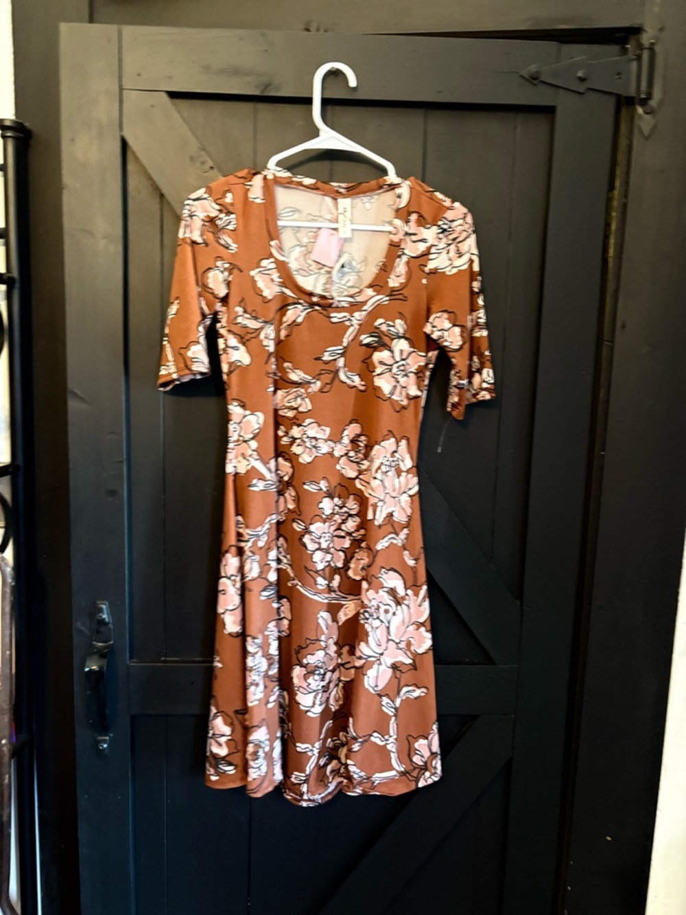 Floral Scoop-Neck Midi Dress in Rust with Pink Blooms